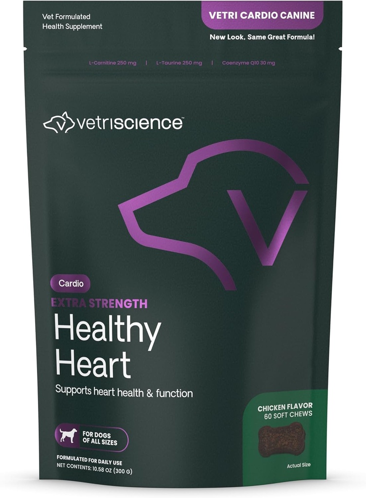 VetriScience Extra Strength Healthy Heart Chews, Vetri Cardio Supplement for Dogs, Heart Support Supplement with Taurine, Carnitine, CoQ10, Hawthorn and Berberine, Chicken, 60 Count