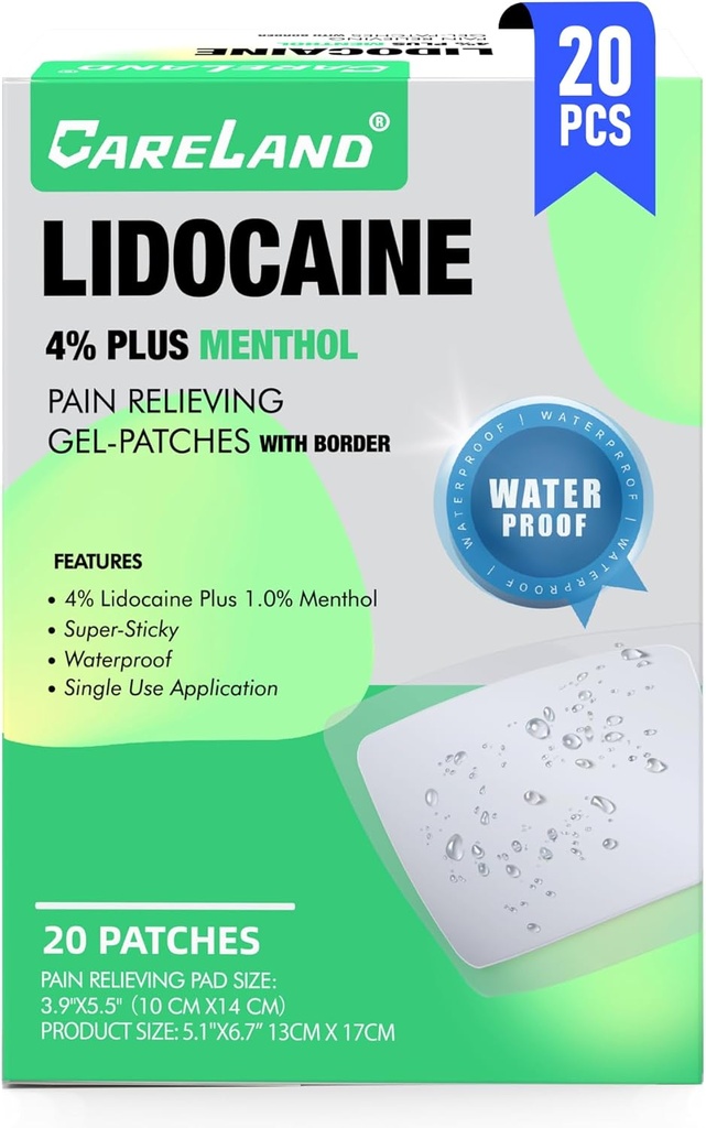 CARELAND 4% Lidocaine Patches Plus 1% Menthol, 20 Pcs Waterproof Maximum Strength Back Pain Relief Products Patches with Border, for Neck Knee Nerve Shoulder Pain Relief Muscle Relaxer, Super Sticky