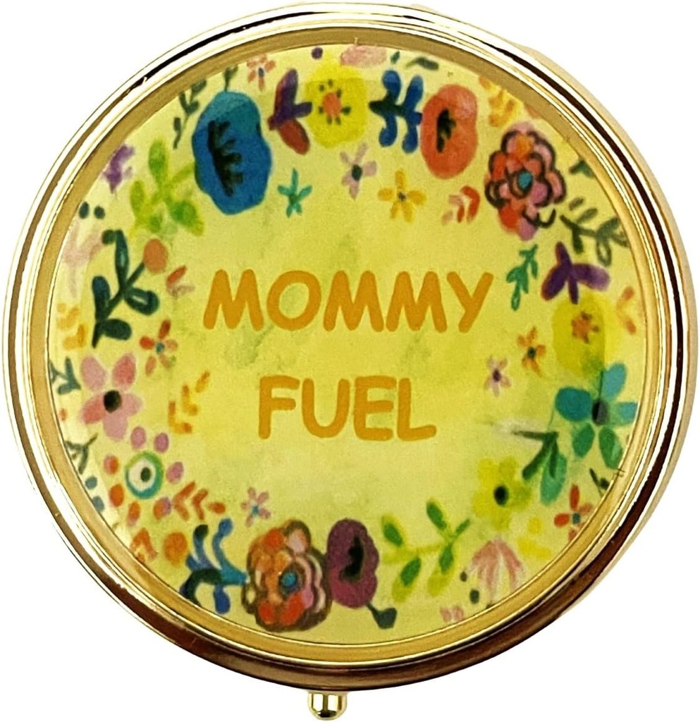 AmyZone Metal Pill Organizer Travel Friendly Portable Compact Pill Box Cute Pill Case to Hold Vitamins/Tylenol/Fish Oil/Supplements/Meds/Tablet for Purse/Pocket(Mommy Fuel-Round)