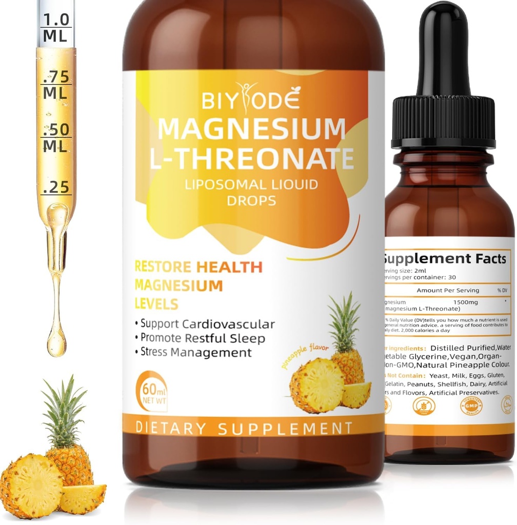 Magnesium L-Threonate Liquid Drops Restore Health Magnesium Levels Support Cardiovascular Promote Restful Sleep Stress Management 60ml Net Wt Pineapple Flavor