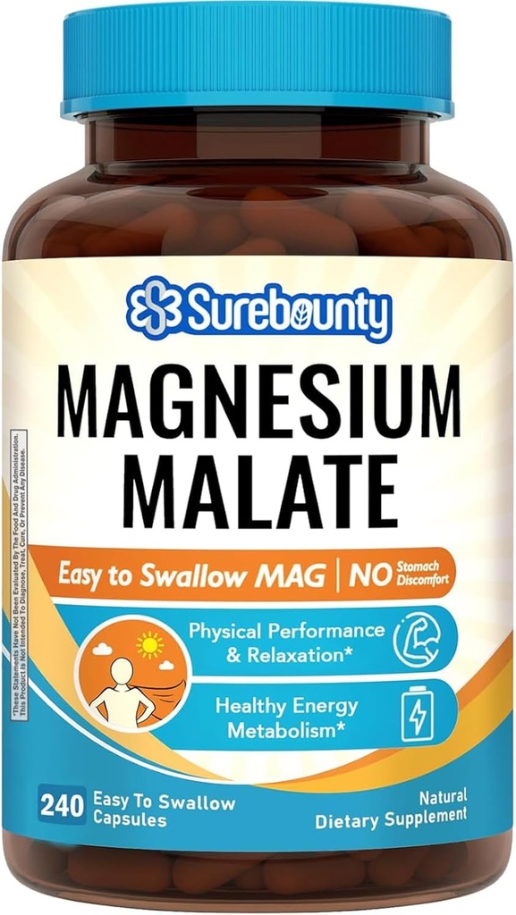 Magnesium Malate Capsules 1230mg, Magnesium Supplement, Chelated, High Absorption, Energy Production & Contraction Support for Children, Teenagers, and Adults, 240 Vegan Caps