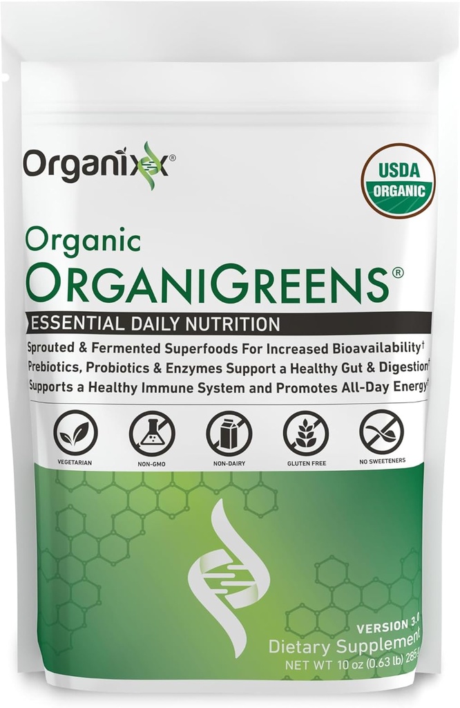 Organixx Greens Superfood Powder with Probiotic Digestive Enzymes, Gluten Free, Vegan, Daily Super Greens Powder Supplement Drink Mix for Gut Health, Immune Support & Energy, Organic, Non GMO, 10 oz