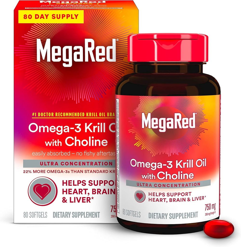 MegaRed Krill Oil 750mg Omega 3 Supplement with Choline, #1 Dr Recommended Krill Oil Brand with EPA, DHA & Phospholipids, Supports Heart, Brain, & Liver Health, Antarctic Krill Oil - 80 Softgels
