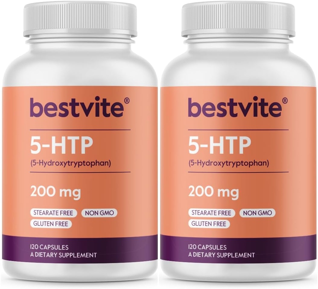 BESTVITE 5-HTP 200mg per Capsule (240 Capsules) (120 x 2) - No Stearates - No Flow Agents - Gluten Free - Non GMO