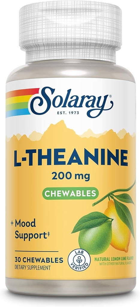SOLARAY L Theanine 200mg, Mood Support Supplement with Vitamin B6 - Calming Support During Occasional Stress - Natural Lemon Lime Flavor - 60-Day Guarantee, Lab Verified - 30 Servings, 30 Chewables