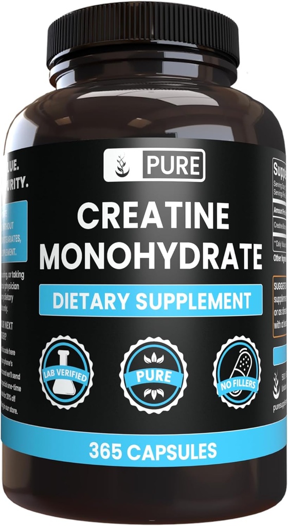 PURE ORIGINAL INGREDIENTS Creatine Monohydrate (365 Capsules) No Magnesium Or Rice Fillers, Always Pure, Lab Verified