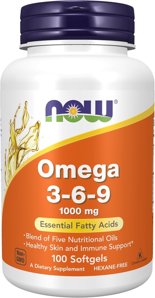 NOW Foods Supplements, Omega 3-6-9 1000 mg with a blend of Flax Seed, Evening Primrose, Canola, Black Currant and Pumpkin Seed Oils, 100 Softgels