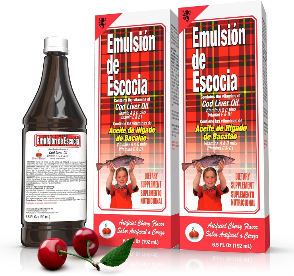 Emulsión de Escocia Cod Liver Oil with Vitamins A, D, E, B1 - Natural Cherry Flavor Fish Oil Omega-3 Dietary Supplement for Immune Support & Growth - Essential Nutrients - 6.5 oz (2-Pack)