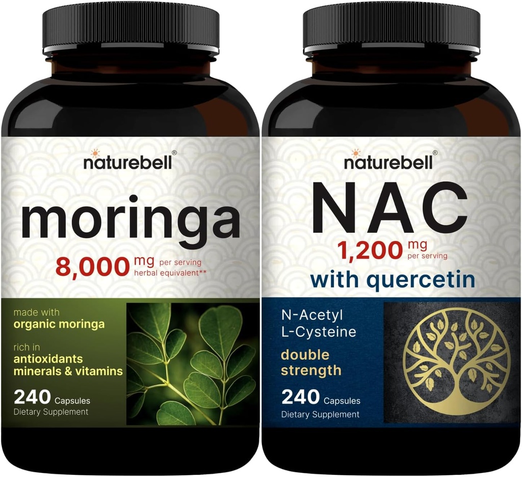 NatureBell Moringa Oleifera 8000mg Per Serving & NAC Supplement (N-Acetyl Cysteine) with Quercetin, 1,200mg Per Serving Bundle 2 Pack | Made with Organic Moringa Leaf Powder | Double Strength A