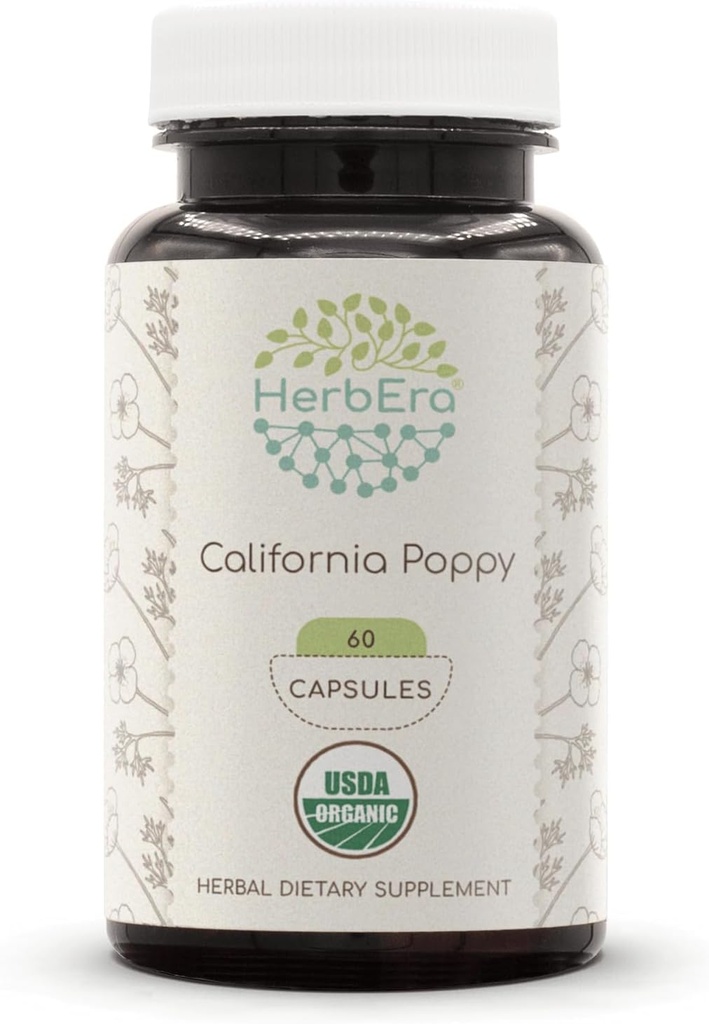 HerbEra California Poppy USDA Organic 60 Capsules | Certified Organic Vegetarian Capsules and Organic California Poppy (Eschscholzia Californica) Dried Herb and Flower (60 Capsules)