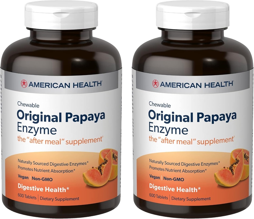 American Health Original Papaya Enzyme - 600 Chewable Tablets, Pack of 2 - The After-Meal Supplement - Non-GMO, Vegan - 400 Total Servings