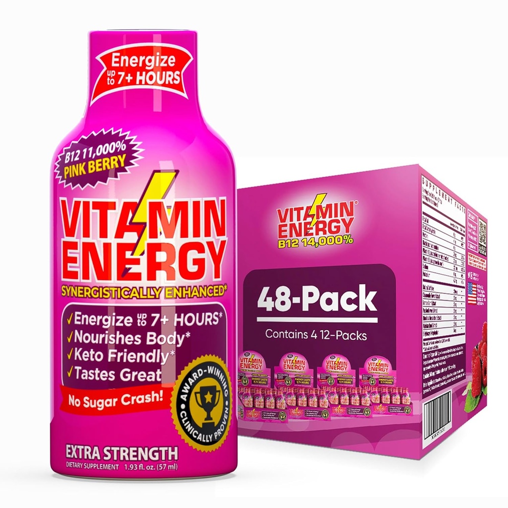 Vitamin Energy B12 11,000% Extra Strength Energy Shot Pink Berry 48 Pack, 260mg Natural Caffeine, B12 & B6, Nootropic Focus, Vitality, Zero Sugar, Gluten-Free, Vegan, Kosher, 1.93 fl oz