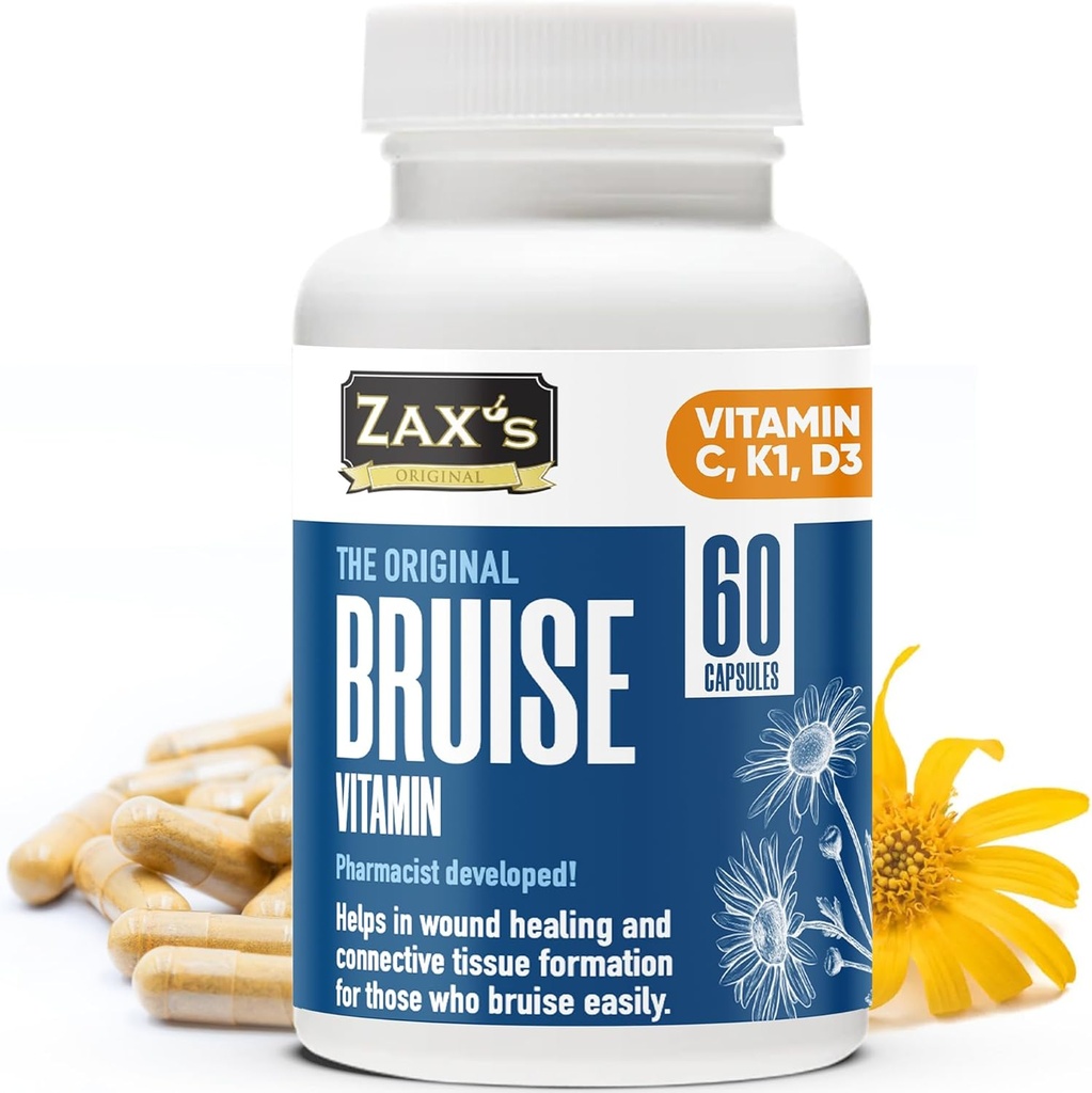 ZAX'S Bruise Vitamin Pharmacist Developed Bruising Supplements Potent Bruising Swelling Reducer, Zinc, Vitamin K, D3, Ascorbic Acid, Citrus Bioflavonoids, 60 Caps, Combine Arnica Bruise Cream