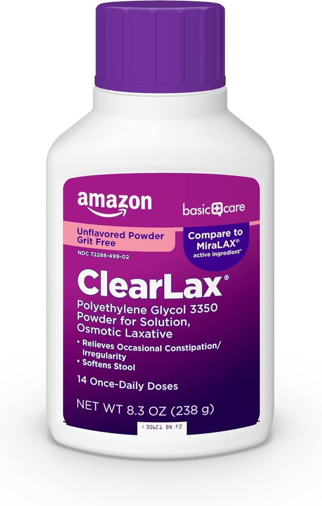 Amazon Basic Care ClearLax, Polyethylene Glycol 3350 Powder for Solution, Osmotic Laxative, Unflavored, 8.3 ounce (Pack of 1)