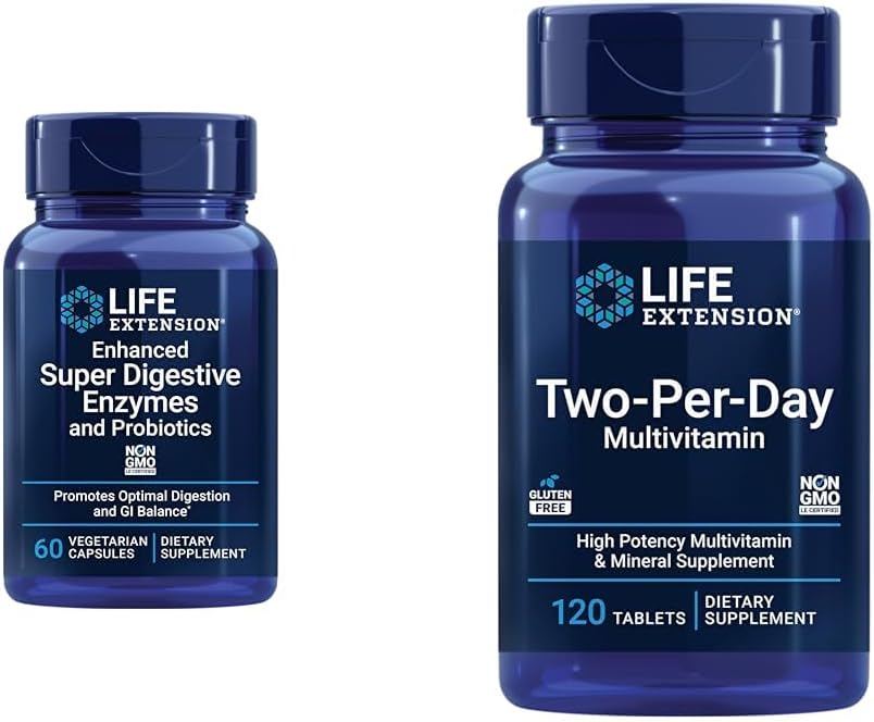 Life Extension 60 Vegetarian Capsule Digestive Enzymes & 120 Tablet High Potency Multi-Vitamin Supplement Bundle