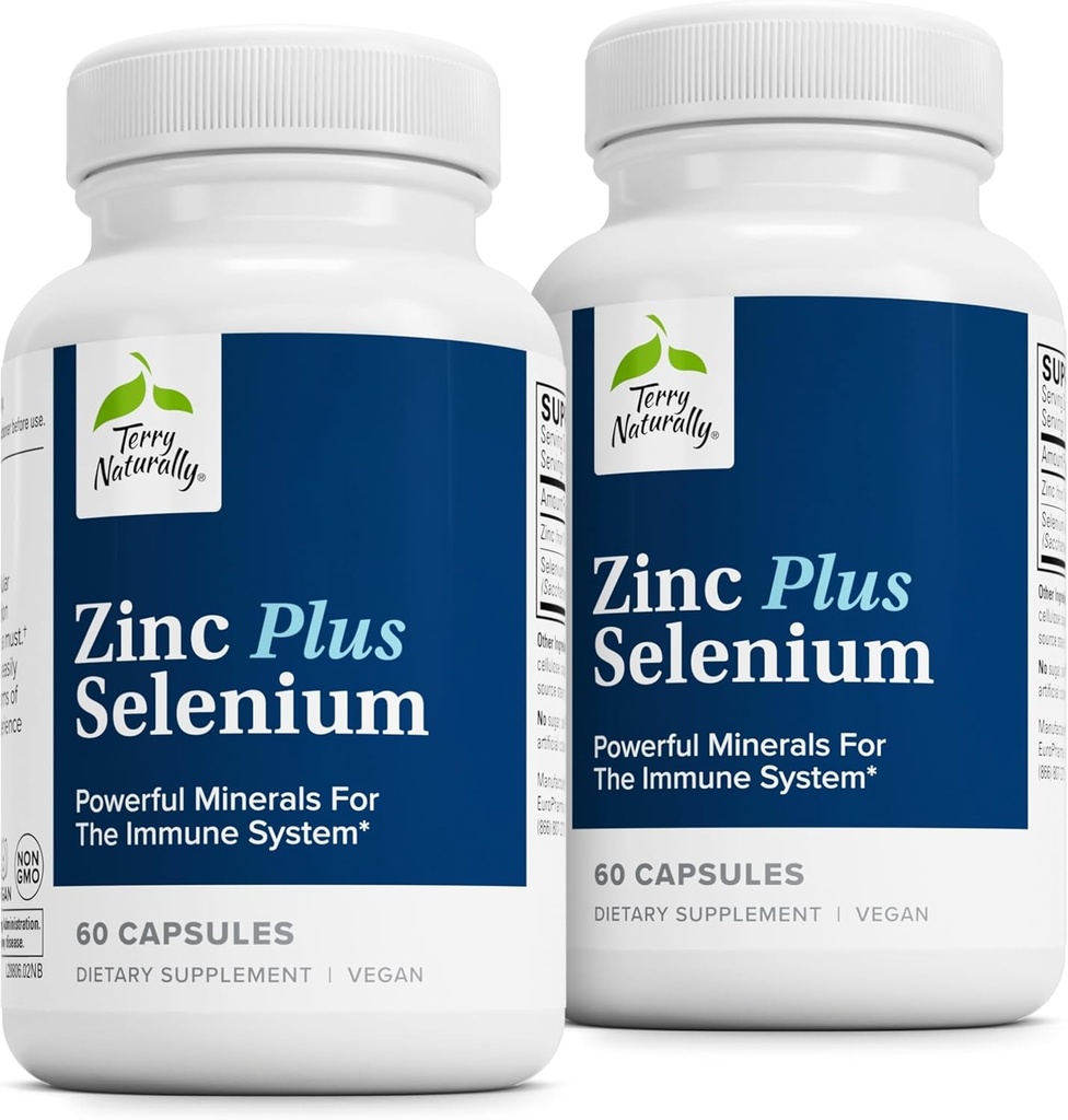 Terry Naturally Zinc Plus Selenium - Immune & Respiratory Supplement - Mineral Supplement with Zinc Bisglycinate Chelate - Formula with Selenium for Cellular Health Support - 60 Capsules (Pack of 2)