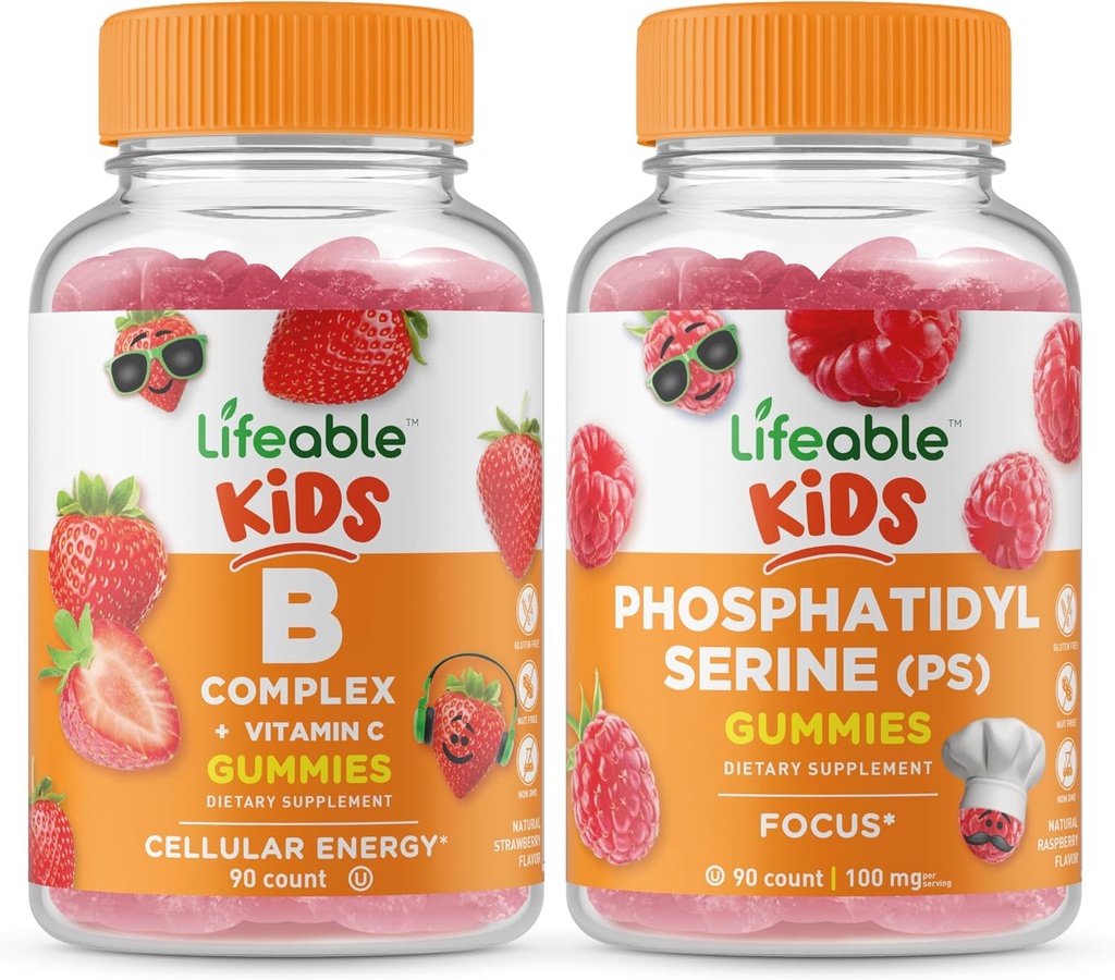 Lifeable B Complex Kids + Phosphatidylserine (PS) Kids, Gummies Bundle - Great Tasting, Vitamin Supplement, Gluten Free, GMO Free, Chewable Gummy