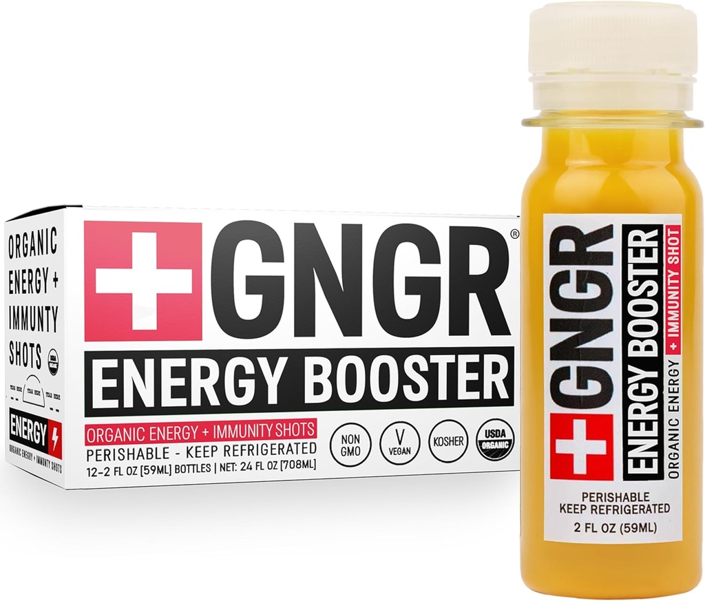 +GNGR Energy Booster & Immunity Shot, Cold-Pressed Ginger Shots with Lions Mane, 75mg of Natural Caffeine Green Tea, Turmeric Root, Vitamin D & Zinc for All Natural Immune Support 2 fl oz (Pack of 12)