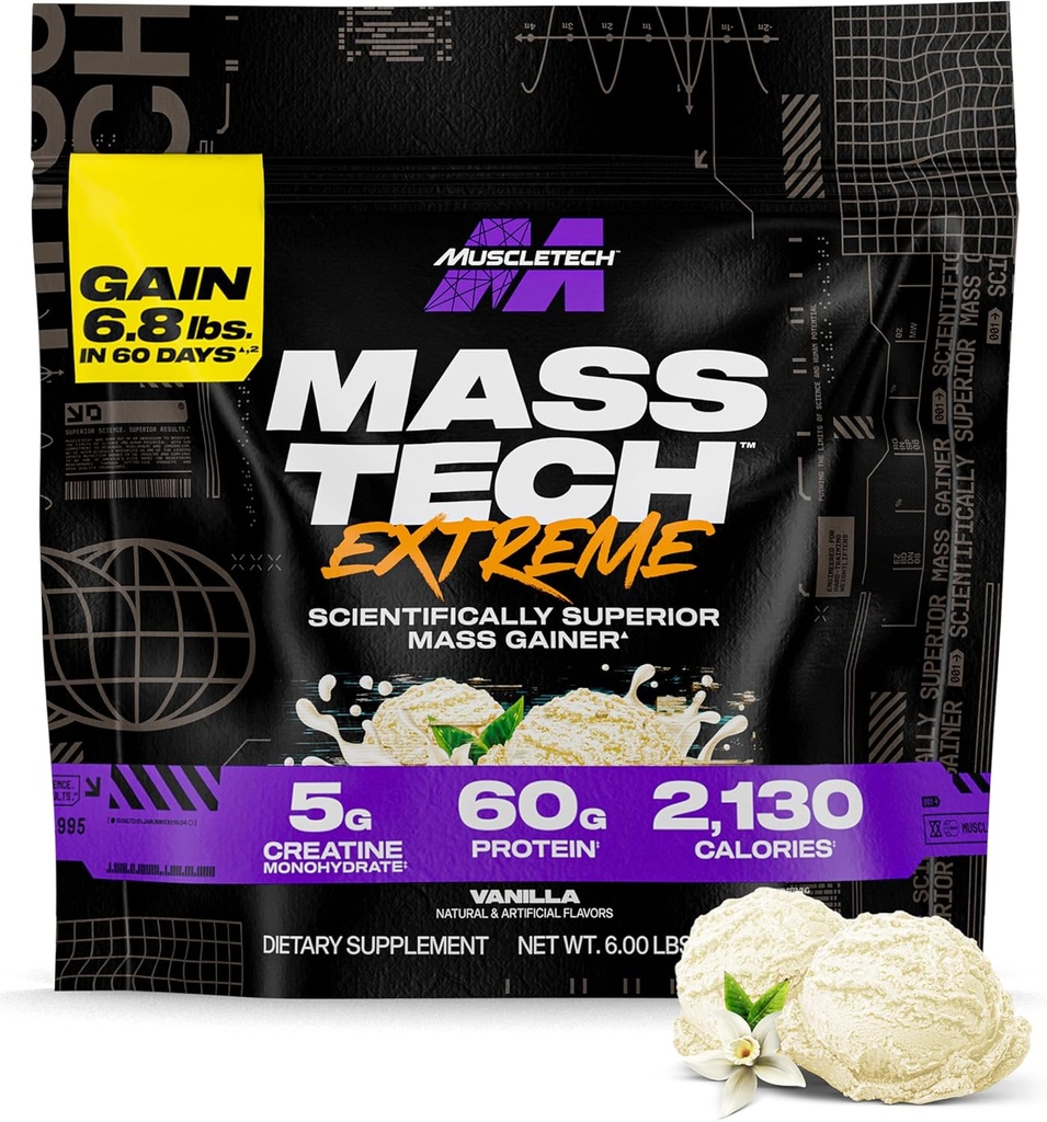 Muscletech High-Protein Mass Gainer (Vanilla Milkshake, 6LB) - Mass Tech Extreme 2000 Mass Gainer Protein Powder Supplement - Weight Gainer for Increase Muscle & Enhanced Recovery - Packaging May Vary