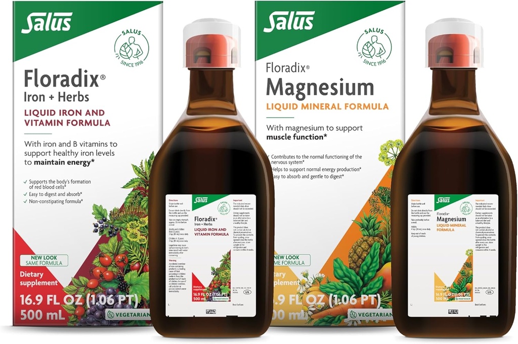 Floradix by Salus Magnesium (16.9 oz) & Iron & Herbs (16.9 oz) Bundle - Magnesium for Bone Support, Digestive Health & More* - Iron Supplement for Healthy Energy Support*
