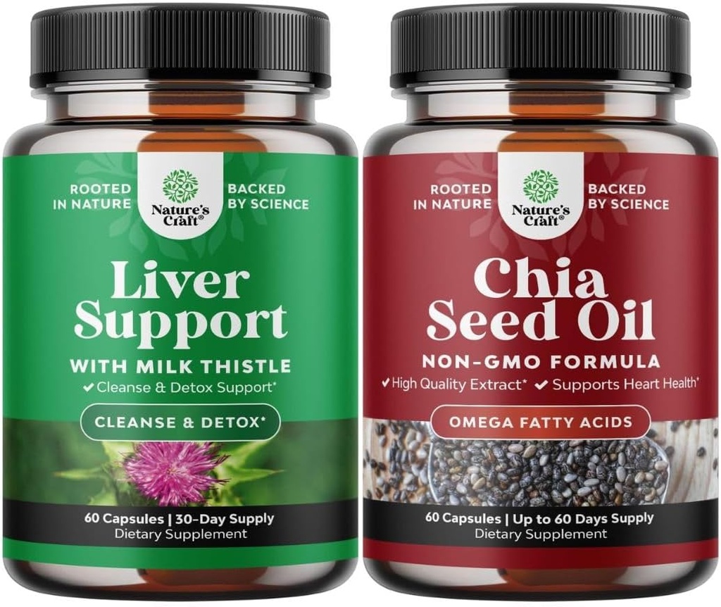 Bundle of Milk Thistle Liver Support Supplement and Chia Seed Oil Extract Capsules - Herbal Liver Supplement with Silymarin Milk Thistle - Plant Based Omega 3 6 9 Supplement