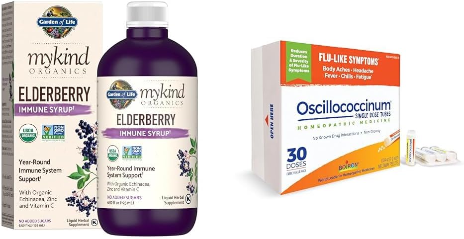 Garden of Life Organics Plant-Based Elderberry Immune Syrup 6.59 fl oz (195 Ml) & Boiron Oscillococcinum for Relief from Flu-Like Symptoms of Body Aches