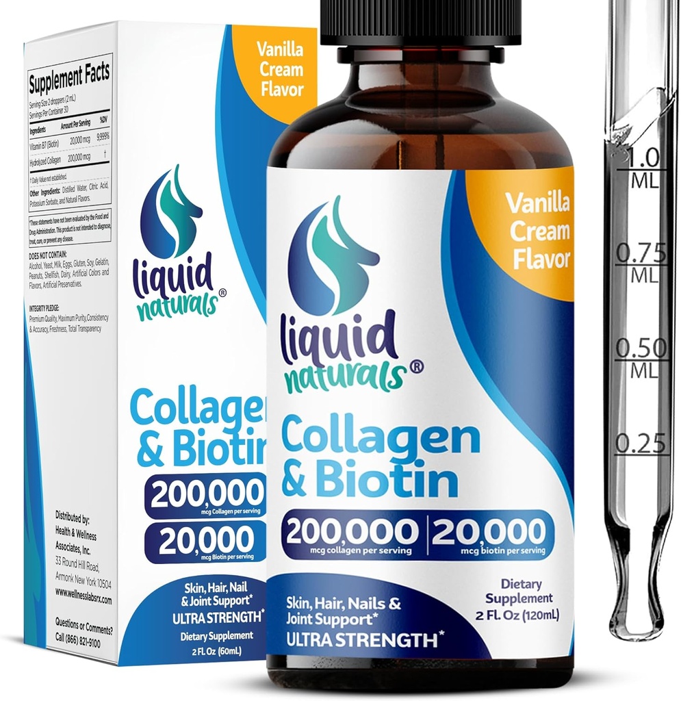 Liquid Collagen and Biotin, 2 Fl. Oz, Ultra-Strength Collagen Peptides for Women, Third-Party Tested Biotin for Hair Growth Women, Nails, and Skin Vitamins B7 Collageno Peptides – Vanilla Flavor