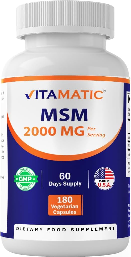 Vitamatic MSM 2000 mg with Vitamin C 75mg per Serving - 180 Veg Capsules - Vitamin C Aid in Better absopriton of MSM (Methylsulfonylmethane) - Non-GMO & Gluten Free