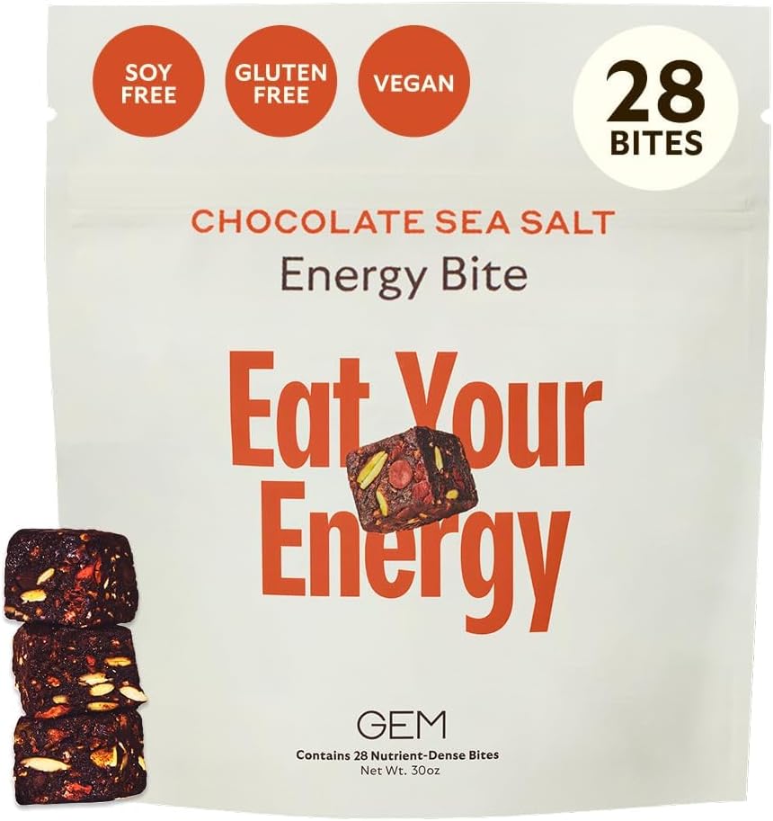 GEM Energy Caffeinated Bite, 40mg Caffeine, Ginseng Root, L-Theanine, Holistic Sustained Energy, Supports Metabolism, Stamina & Endurance | Chocolate Cacao Sea Salt | 28 Servings