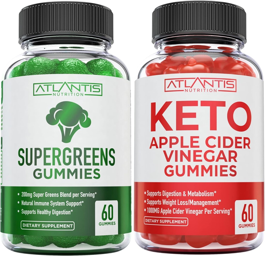 60 Supergreens Gummies Daily Green Superfoods Supplement + 60 Keto Apple Cider Vinegar Gummies Advanced Weight Loss.