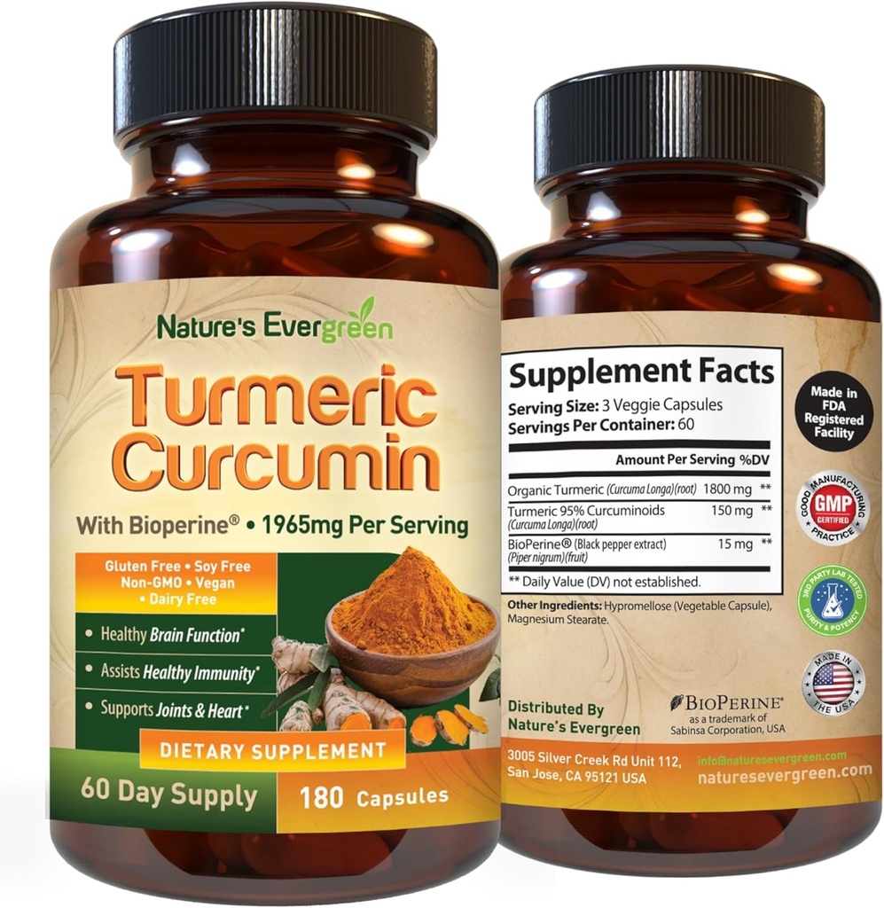 Turmeric Curcumin with Black Pepper Extract (Bioperine) & Organic Turmeric Vegan Joint Support Supplement. Extract 95% Curcuminoids 1965mg Supplement for Healthy Joints & Immune Support. 180 Capsules