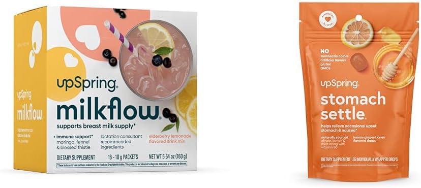 UpSpring Stomach Settle Drops, Honey Flavour, 55 Ct+Milkflow Breastfeeding Supplement Drink Mix with Moringa & Blessed Thistle, No Fenugreek |Elderberry Lemonade Flavor|16 Drink Mixes