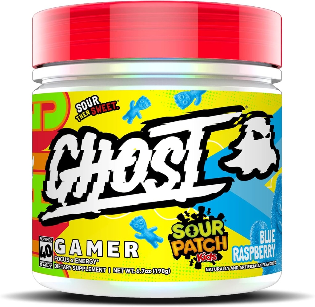 GHOST Gamer: Energy and Focus Support Formula - 40 Servings, Sour Patch Kids Blue Raspberry - Nootropics & Natural Caffeine for Attention, Accuracy & Reaction Time - Vegan, Gluten-Free