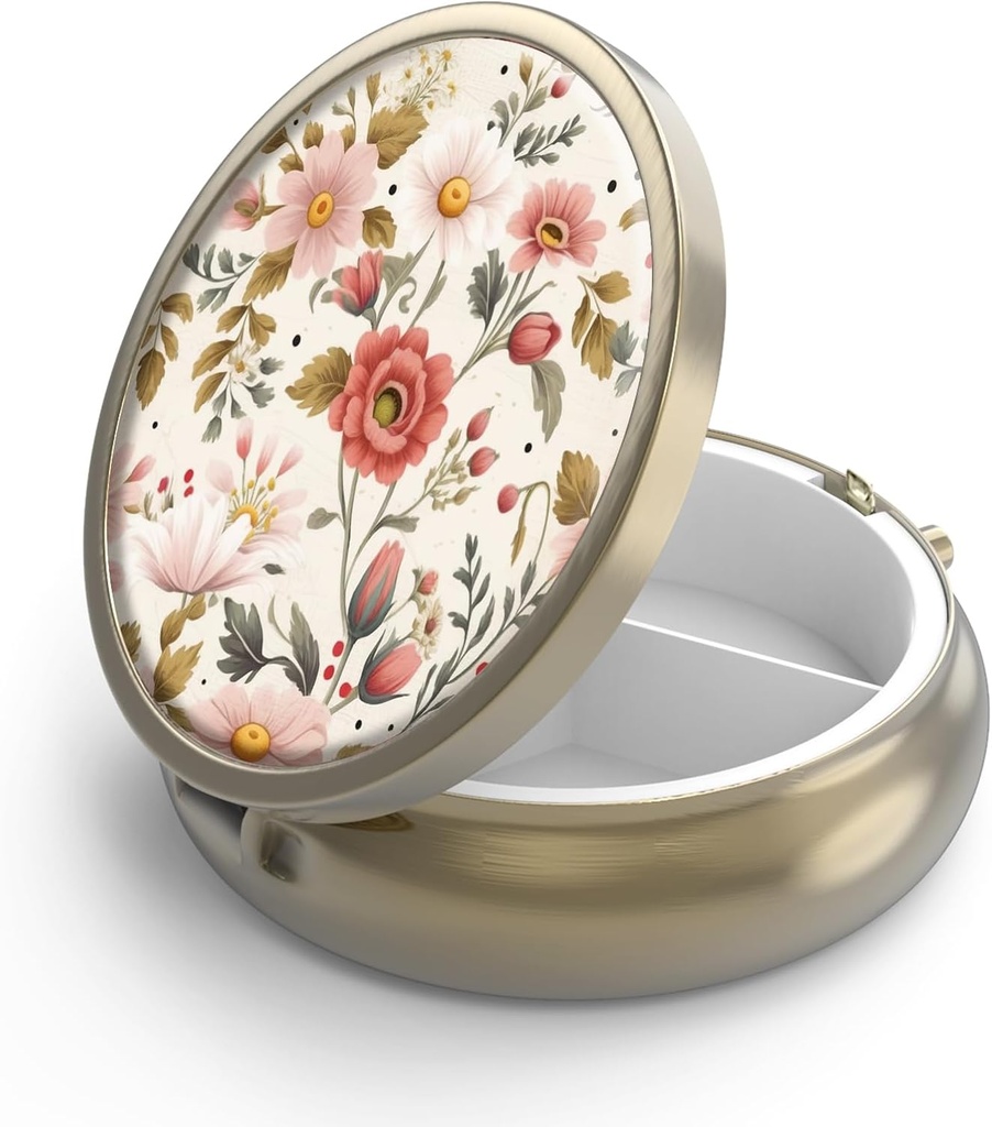 Pill Case Pill Box with Mirror Retro 3 Compartment Small Pill Case for Purse or Pocket Bronze Small Roud Pill Box or Vitamins, Fish Oil, Supplements, Pill Containe Travel Gifts（Retro Red Flowers）