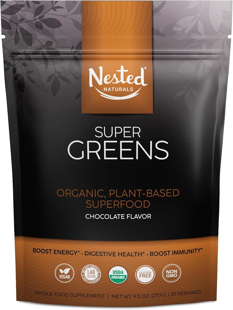Super Greens #1 Green Superfood Powder | 100% USDA Organic Non-GMO Vegan Supplement | 20+ Whole Foods (Spirulina, Wheat Grass, Barley), Probiotics, Fiber & Enzymes (Original, 30 Servings) (Chocolate)