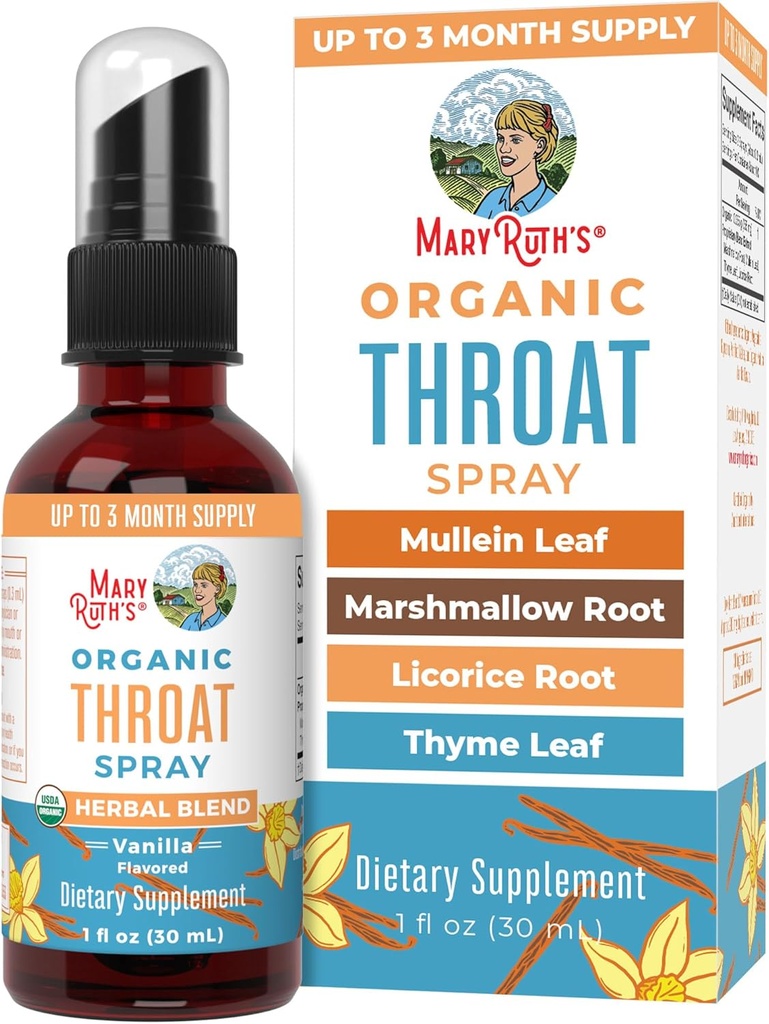 MaryRuth Organics USDA Organic Throat Spray with Mullein Leaf | Marshmallow Root & Licorice Root & Thyme Leaf | Vanilla | 4 Herbal Blend | Non-GMO | Vegan | Gluten Free | 1 Fl Oz | Up to 100 Servings
