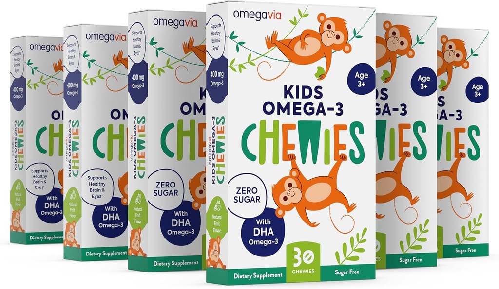 Omega 3 Gummies - Ultra-High DHA Chewable Gel Gummy - for Kids Supports Brain & Eye Health - Sugar-Free Natural Fruit Flavor - Kids Omega 3 Fish Oil Gummies (6 Pack)