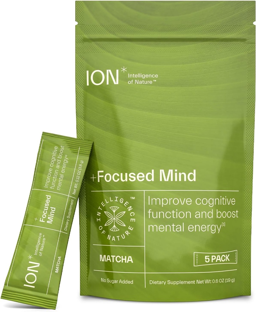 ION* Intelligence of Nature Focused Mind Nootropic Powder Drink Mix - Brain Boost Nootropic Drink with Matcha for Memory, Focus & Relaxation, Brain Supplement for Men & Women, Adults - 5 Packets
