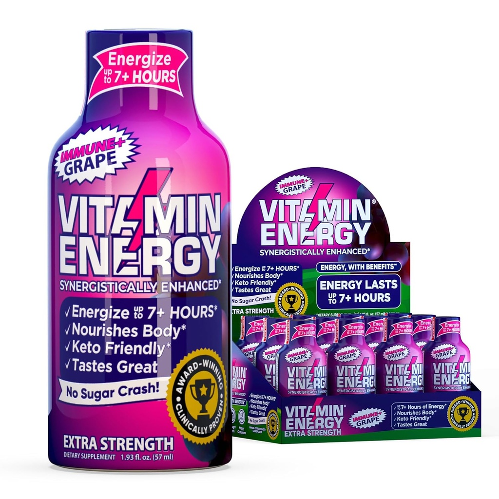 Vitamin Energy Immune+ Extra Strength Energy Shot Grape 12 Pack, 260mg Natural Caffeine, B-Vitamins, Citicoline, Green Tea, Immunity & Focus Support, Zero Sugar, Gluten-Free 1.93 fl oz