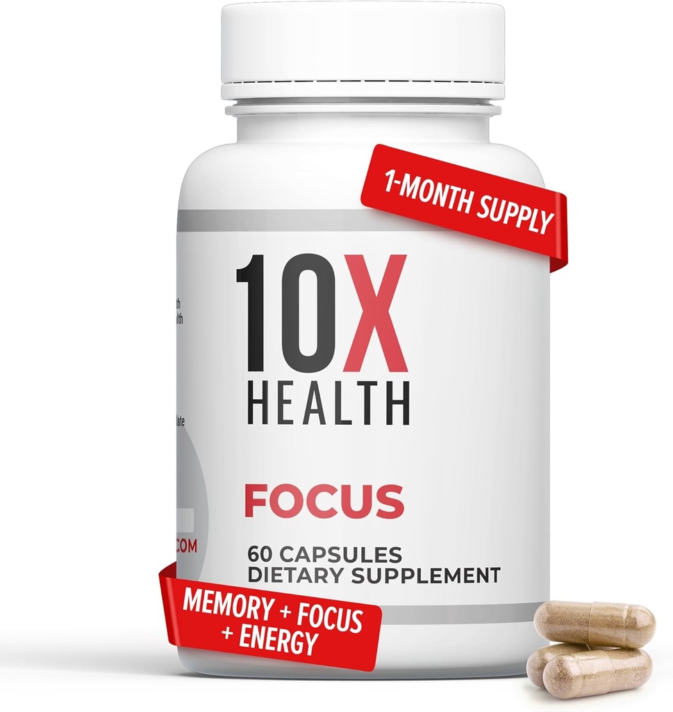 10X Health Focus Rhodiola Rosea - Brain Supplements for Memory and Focus - 60 Capsules Focus Supplement, Memory Supplement for Brain Health with Ginkgo Biloba, Huperzine A - Ginkgo Biloba Capsules