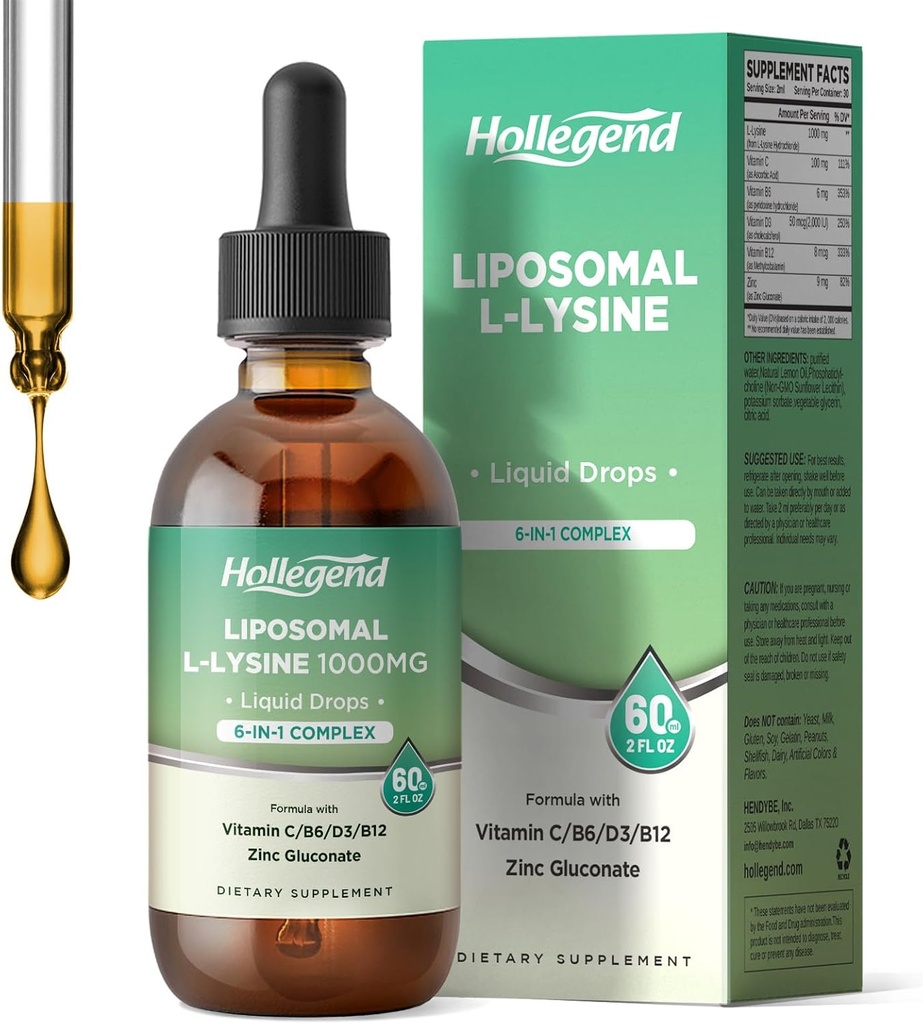 Liposomal L-lysine 1000MG Liquid Drops, Lysine Supplement for Women & Kids with Vitamin C, B6, D3, B12 & Zinc Gluconate, Skin & Lip Health, Immune & Collagen Production Support, Lemon Flavor, 2 fl oz