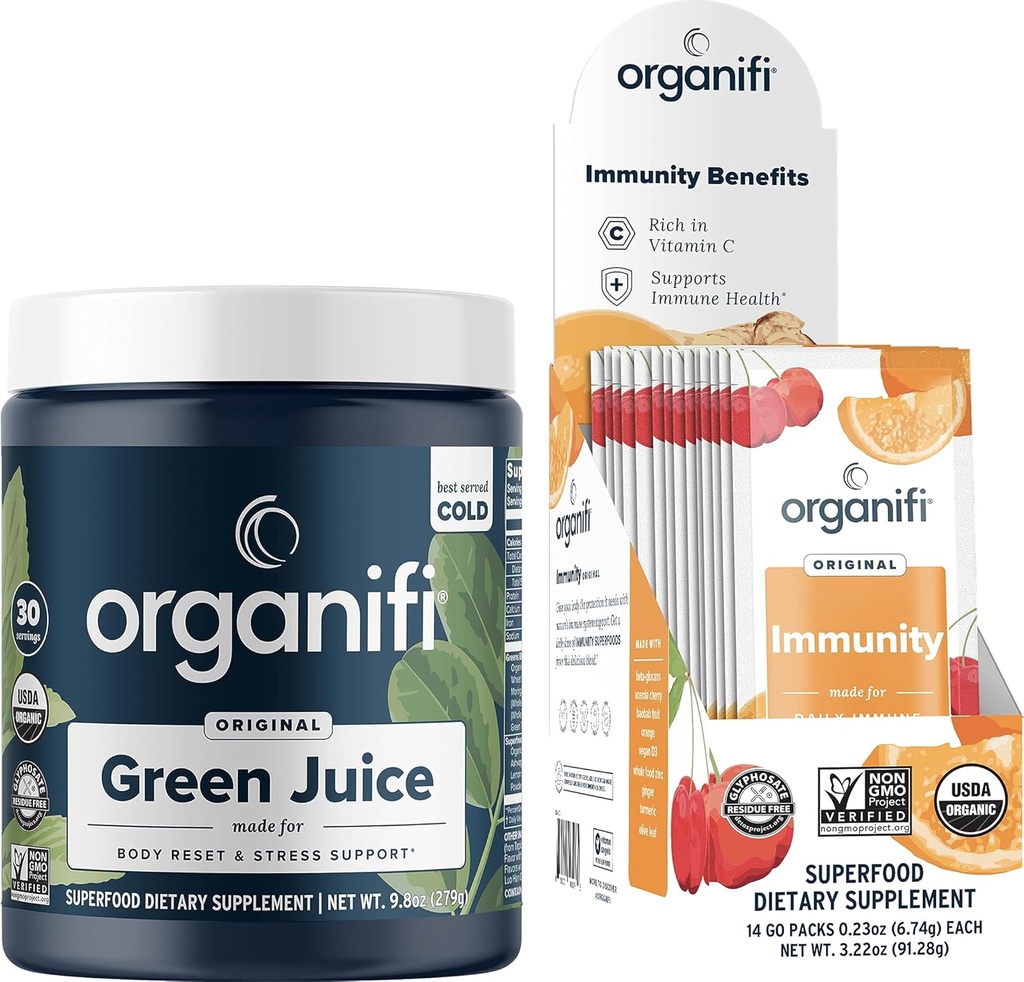 Organifi Green Juice Superfood Powder (30 Servings) and Immunity Drink Mix (14 Packets) Vitamin C, Vitamin D, Zinc, Detox Cleanse, Stress Relief and Immunity Support - Gluten Free, Vegan, Whole Food