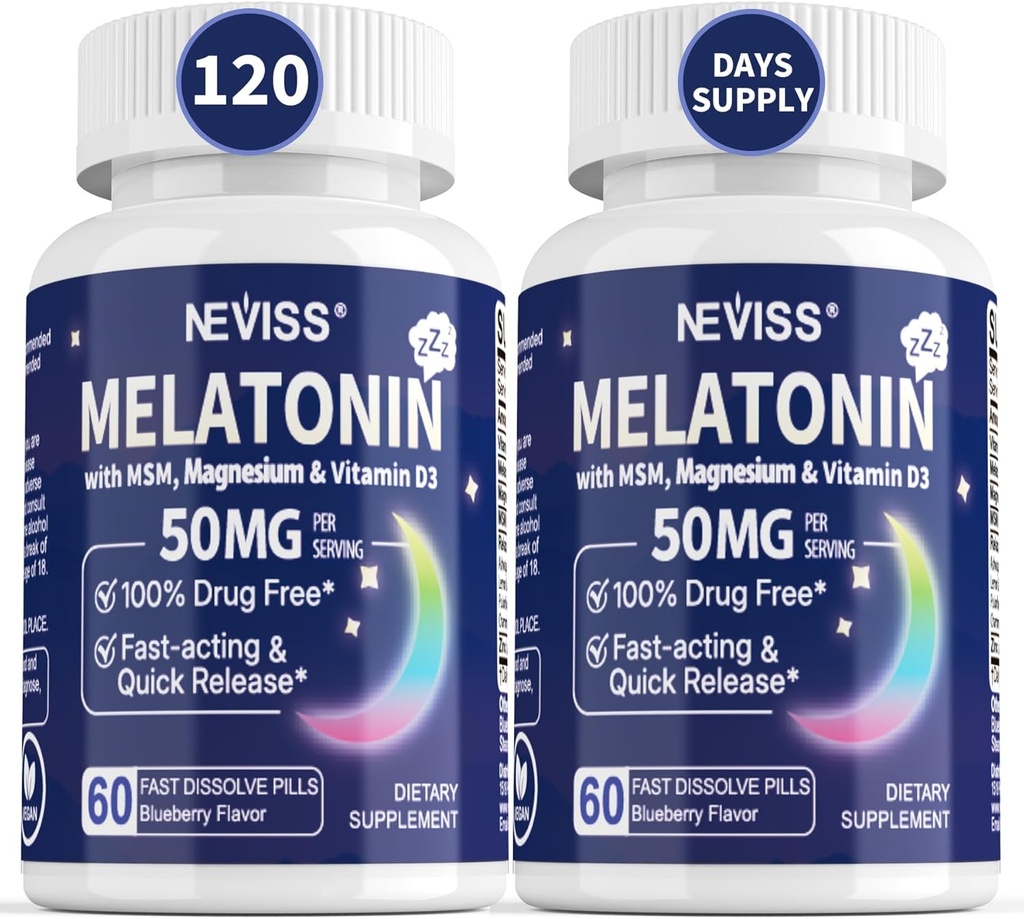 Melatonin 50 mg for Adults - Extra Strength 9-in-1 Fast Dissolve Sublingual - w/Vitamin D3 & MSM, Relaxing Herbal Blend-Ashwagandha, Lemon Balm, Passionflower,Chamomile,Sugar Free, Vegan 120 Servings