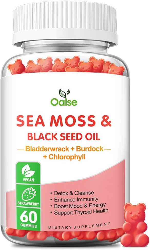 Sea Moss Gummies for Adults Kids with Chlorophyll, Bladderwrack, Burdock Root, Blck Seed Oil, Vitamin C & D3, Zinc, 8-in-1 Potent Formula Supports Immune System & Boost Energy (1-Pack)