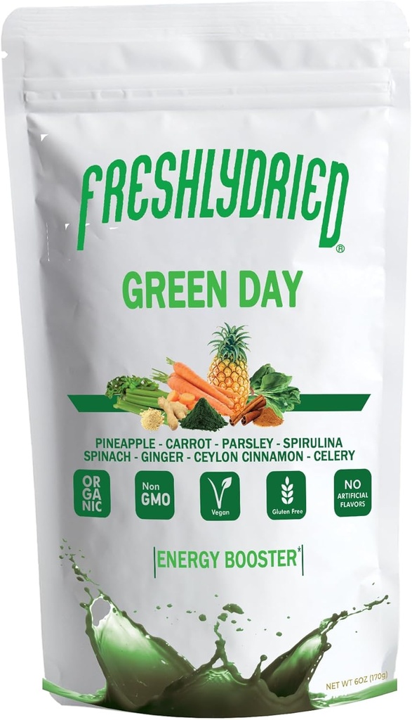 Green Day Powder- Supports Boosting Your Energy from The Start of The Day - Ceylon Cinnamon, Ginger, Pineapple, Carrot, Parsley, Celery, Spirulina - Vegan Friendly - 17 Servings -6 Ounces