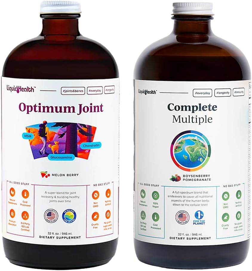 LIQUIDHEALTH Optimum Joint Glucosamine Chondroitin Supplement & Complete Multiple Daily Multivitamin Bundle for Men & Women - Immune Support, Bone Joint Health, Whole Foods - USA Made, Vegan, Non-GMO