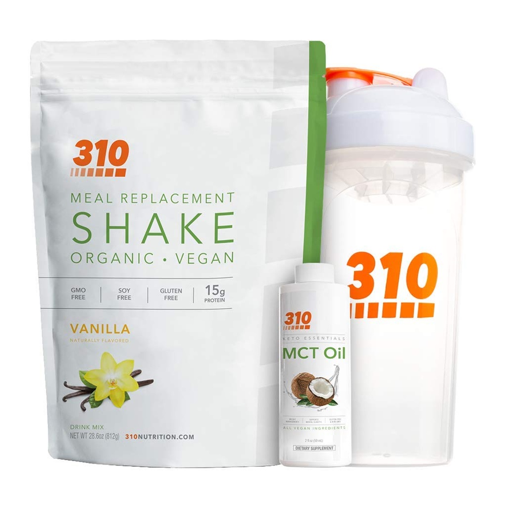 Vegan Organic Plant Protein Powder and Meal Replacement Shake With Shaker Cup and 2 Oz MCT Oil - By 310 Nutrition - Gluten, Dairy and Soy Free - 0g of Sugar | Keto and Paleo Friendly (Vanilla)
