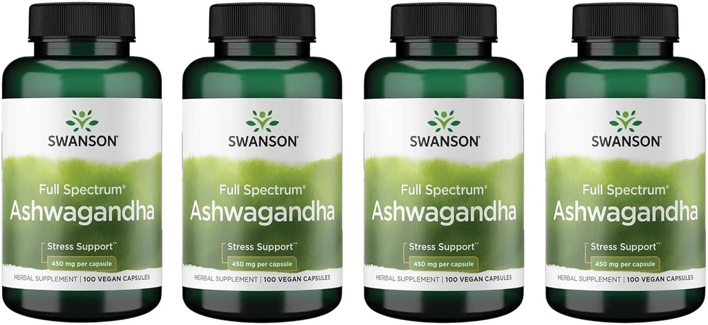 Swanson Ashwagandha Powder Supplement - with Ashwagandha Root to Promote Stress Relief & Energy - Ayurvedic Supplement for Natural Wellness (100 Capsules, 450mg Each) 4 Pack