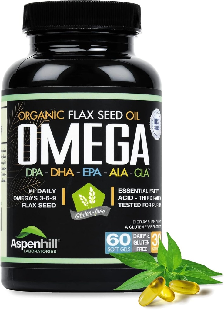 Flax Seed Oil - Omega 3 Super Blend with DPA, EPA, DHA, ALA and GLA with Fish, Borage and Organic Flax Seed Oil - Over 2,400 Milligram Strength - Gluten Free - Made in The USA - 60 SoftGels