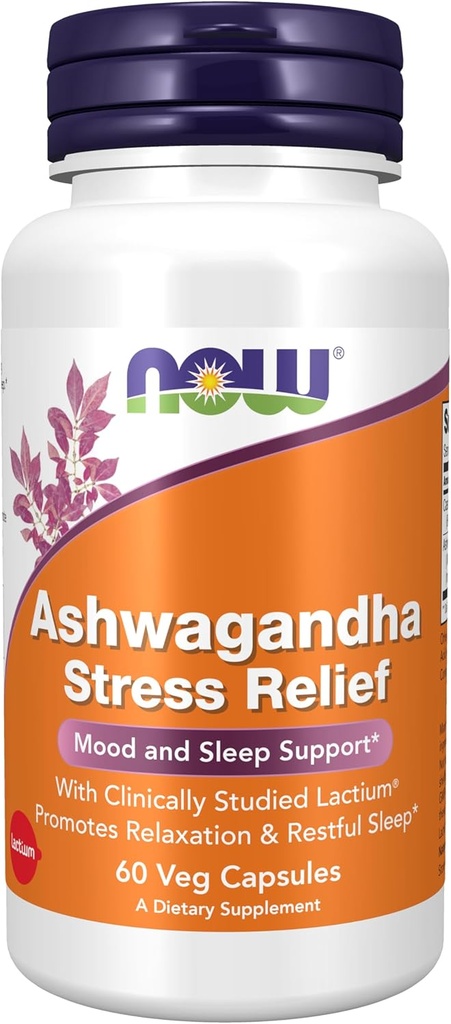 NOW Supplements, Ashwagandha Stress Relief, Mood and Sleep Support*, with Clinically Studied Lactium®, Promotes Relaxation & Restful Sleep*, 60 Veg Capsules